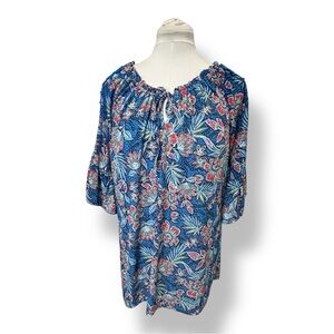 Fair Haven Women’s Plus Bell Sleeve Peasant Tie-Neck Tunic Floral Blue/Red 1XL
